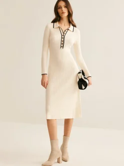 Contrast Trim Lapel Sweater Dress Sweater Dresses|Work Dresses