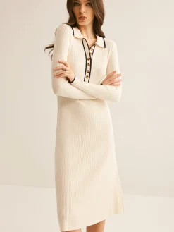 Contrast Trim Lapel Sweater Dress Sweater Dresses|Work Dresses