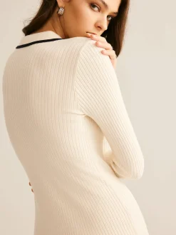 Contrast Trim Lapel Sweater Dress Sweater Dresses|Work Dresses