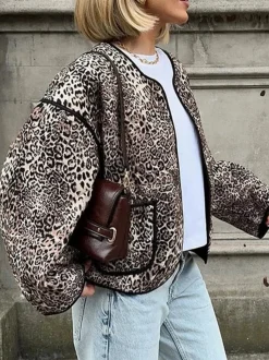 Sale Contrast Trim Leopard Printed Winter Coat Outerwear|Coats