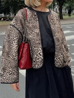 Sale Contrast Trim Leopard Printed Winter Coat Outerwear|Coats