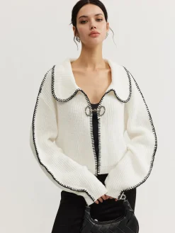 Clearance Contrast Trim Magnet Closure Knit Top Sweater Tops|Sweaters & Cardigans