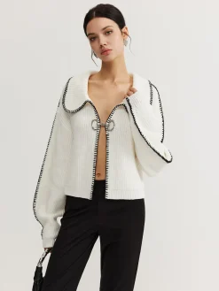 Clearance Contrast Trim Magnet Closure Knit Top Sweater Tops|Sweaters & Cardigans