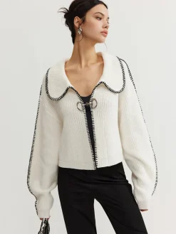 Clearance Contrast Trim Magnet Closure Knit Top Sweater Tops|Sweaters & Cardigans