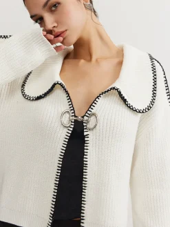 Clearance Contrast Trim Magnet Closure Knit Top Sweater Tops|Sweaters & Cardigans