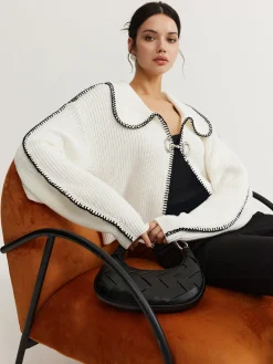 Clearance Contrast Trim Magnet Closure Knit Top Sweater Tops|Sweaters & Cardigans