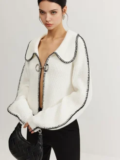 Clearance Contrast Trim Magnet Closure Knit Top Sweater Tops|Sweaters & Cardigans