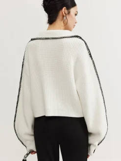Clearance Contrast Trim Magnet Closure Knit Top Sweater Tops|Sweaters & Cardigans
