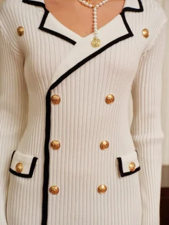 Online Contrast Trim Metal-Decor Sweater Midi Dress Knitwear|Dresses