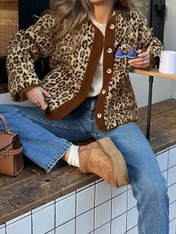 Online Contrast Trim Minky Leopard Jacket Outerwear|Jackets