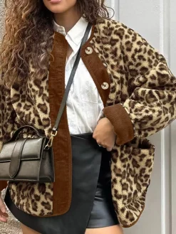 Online Contrast Trim Minky Leopard Jacket Outerwear|Jackets