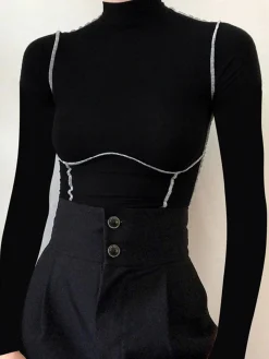 Discount Contrast Trim Mock Neck Long Sleeve Top T-shirts|Tops