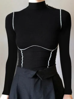 Discount Contrast Trim Mock Neck Long Sleeve Top T-shirts|Tops