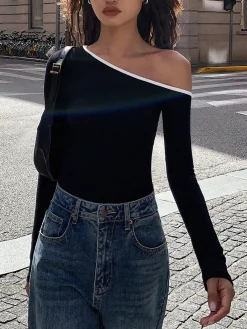 New Contrast Trim Off Shoulder Long Sleeve Shirt Sweater Tops|T-shirts