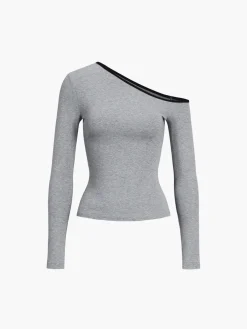 New Contrast Trim Off Shoulder Long Sleeve Shirt Sweater Tops|T-shirts