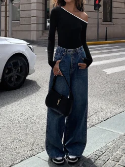 New Contrast Trim Off Shoulder Long Sleeve Shirt Sweater Tops|T-shirts