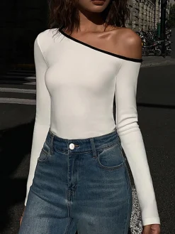 New Contrast Trim Off Shoulder Long Sleeve Shirt Sweater Tops|T-shirts