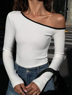 New Contrast Trim Off Shoulder Long Sleeve Shirt Sweater Tops|T-shirts