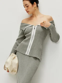 Discount Contrast Trim Off Shoulder Cardigan Cardigans|Sweaters & Cardigans
