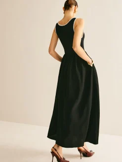 New Contrast Trim Panel Flowy Tank Dress Black Dresses|Casual Dresses
