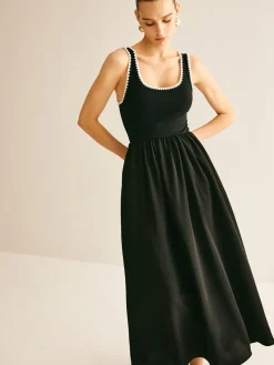 New Contrast Trim Panel Flowy Tank Dress Black Dresses|Casual Dresses