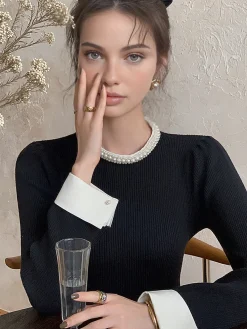 Online Contrast Trim Pearl-Detail Sweater Sweater Tops|Sweaters & Cardigans
