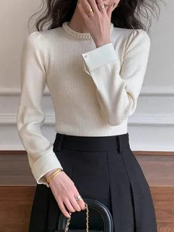 Online Contrast Trim Pearl-Detail Sweater Sweater Tops|Sweaters & Cardigans