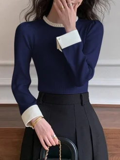 Online Contrast Trim Pearl-Detail Sweater Sweater Tops|Sweaters & Cardigans