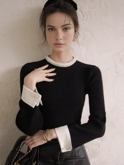 Online Contrast Trim Pearl-Detail Sweater Sweater Tops|Sweaters & Cardigans
