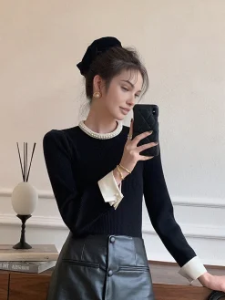 Online Contrast Trim Pearl-Detail Sweater Sweater Tops|Sweaters & Cardigans