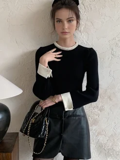 Online Contrast Trim Pearl-Detail Sweater Sweater Tops|Sweaters & Cardigans