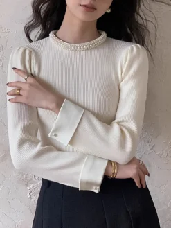 Online Contrast Trim Pearl-Detail Sweater Sweater Tops|Sweaters & Cardigans