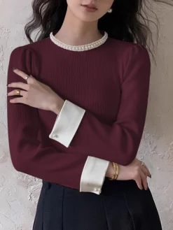 Online Contrast Trim Pearl-Detail Sweater Sweater Tops|Sweaters & Cardigans