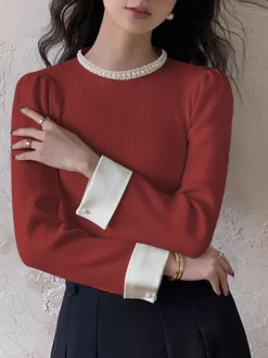 Online Contrast Trim Pearl-Detail Sweater Sweater Tops|Sweaters & Cardigans