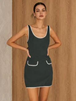 Hot Contrast Trim Piping Zipper Dress Black Dresses|Casual Dresses
