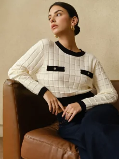 Best Contrast Trim Plaid Pullover Sweater Sweater Tops|Sweaters & Cardigans