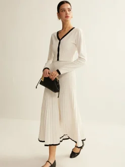 Sale Contrast Trim Pleated Knit Skirt Set Skirt Sets|Long Sleeve Sets