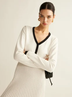 Sale Contrast Trim Pleated Knit Skirt Set Skirt Sets|Long Sleeve Sets