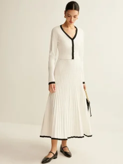 Sale Contrast Trim Pleated Knit Skirt Set Skirt Sets|Long Sleeve Sets