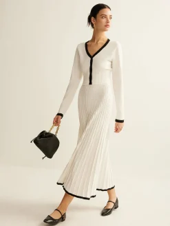 Sale Contrast Trim Pleated Knit Skirt Set Skirt Sets|Long Sleeve Sets