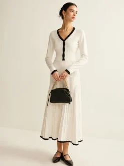 Sale Contrast Trim Pleated Knit Skirt Set Skirt Sets|Long Sleeve Sets