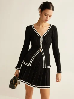 Clearance Contrast Trim Pleated Knit Skirt Set Sweater Tops|Skirts