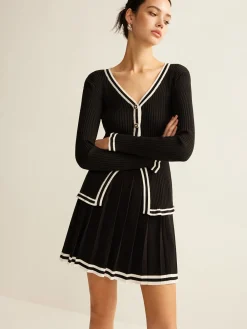 Clearance Contrast Trim Pleated Knit Skirt Set Sweater Tops|Skirts