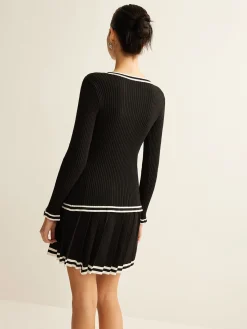 Clearance Contrast Trim Pleated Knit Skirt Set Sweater Tops|Skirts
