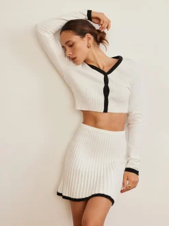 Clearance Contrast Trim Pleated Mini Skirt Set Skirt Sets|Long Sleeve Sets