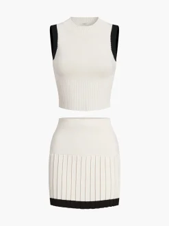 Best Contrast Trim Pleated Mini Sweater Skirt Set Sweater Tops|Skirts