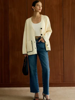 Online Contrast Trim Pockets Cardigan Cardigans|Sweaters & Cardigans