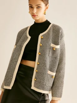 Best Contrast Trim Pockets Knit Outerwear Sweater Tops|Outerwear