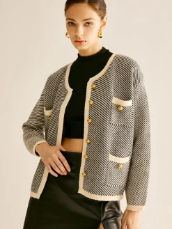 Best Contrast Trim Pockets Knit Outerwear Sweater Tops|Outerwear