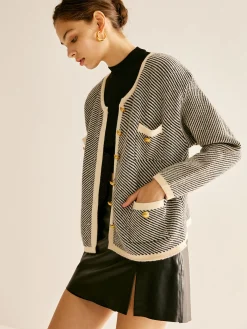 Best Contrast Trim Pockets Knit Outerwear Sweater Tops|Outerwear